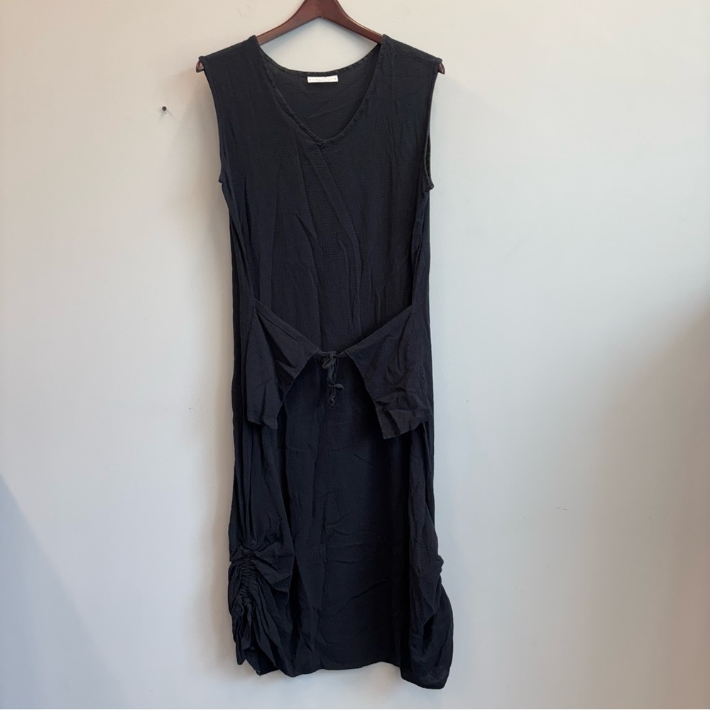 Bryn Walker Large Dress Cotton Gauzy Black Tie Front Ruched Midi Dress
